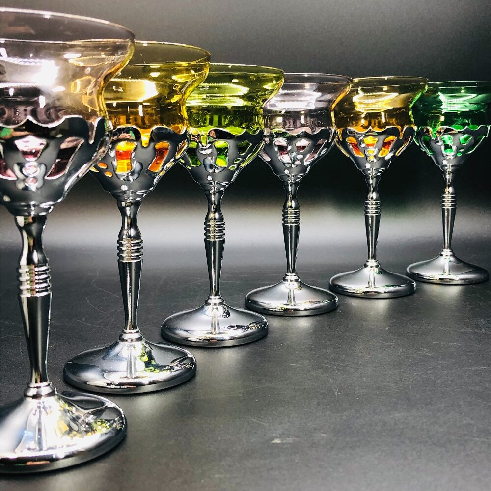 Vintage Set of 6 Farberware Krome Kraft Wine Glass Cambridge Assorted Gem Color